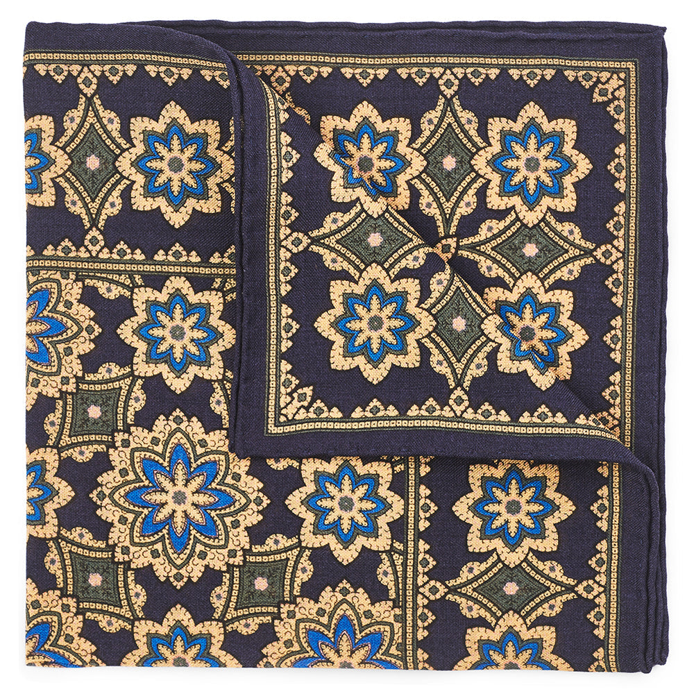 Floral Design In Navy (Wool & Silk Mix) Pocket Square Benson & Clegg