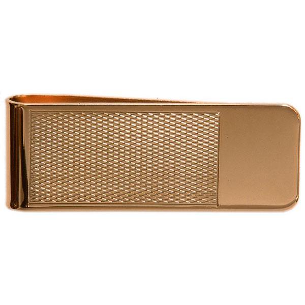 A gold money clip with a sleek design and engraved logo, shown against a dark background.