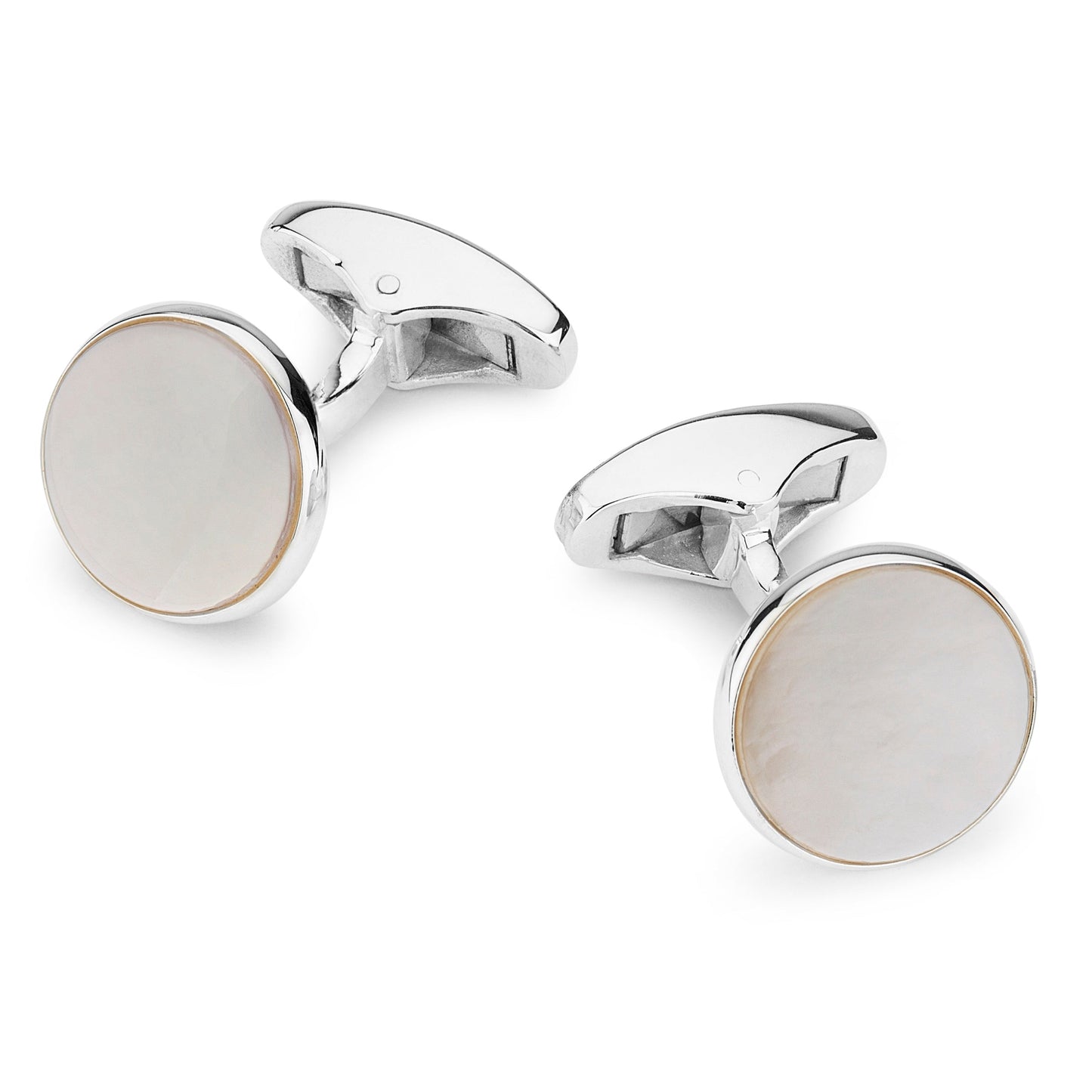 Sterling silver round cufflinks with mother of pearl accents, detailed close-up view by Benson & Clegg.