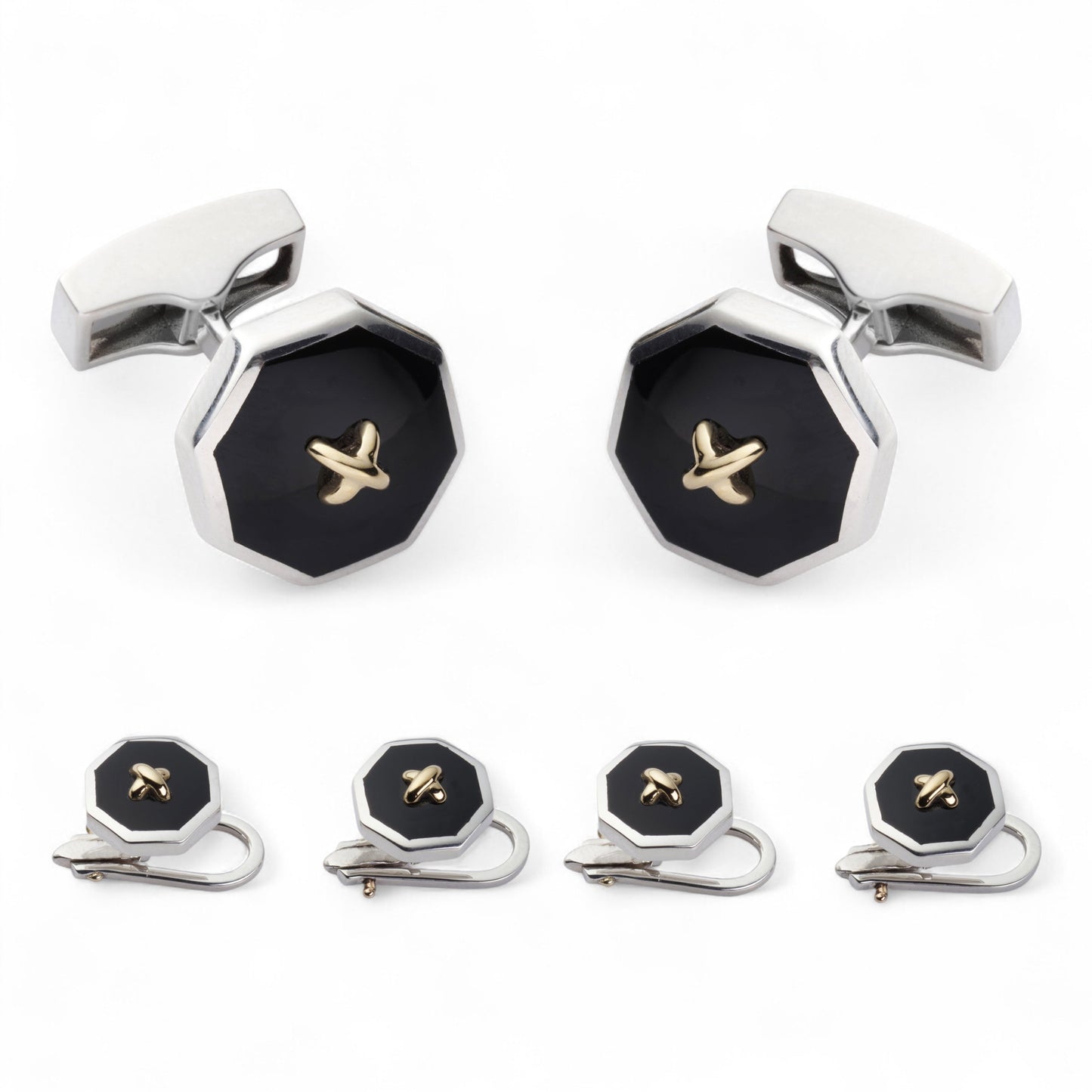 Sterling Silver And Onyx With 9ct Gold Stitch Dress Set Benson & Clegg