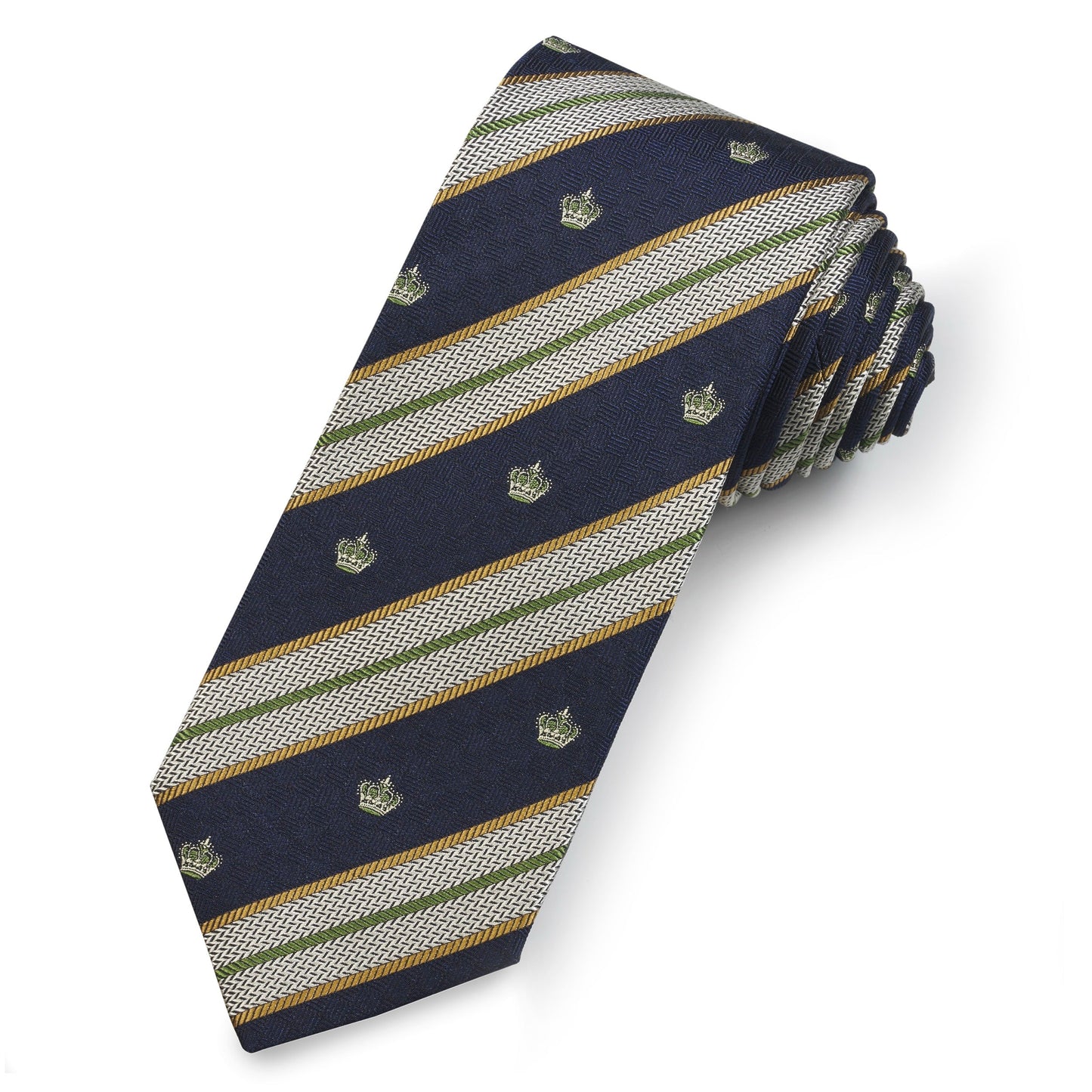 A green silk reppe tie with a textured pattern worn around a neck by Benson & Clegg.