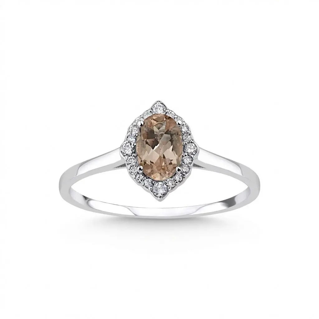14ct white gold ring with natural morganite and diamond halo by Majestic Jewellery