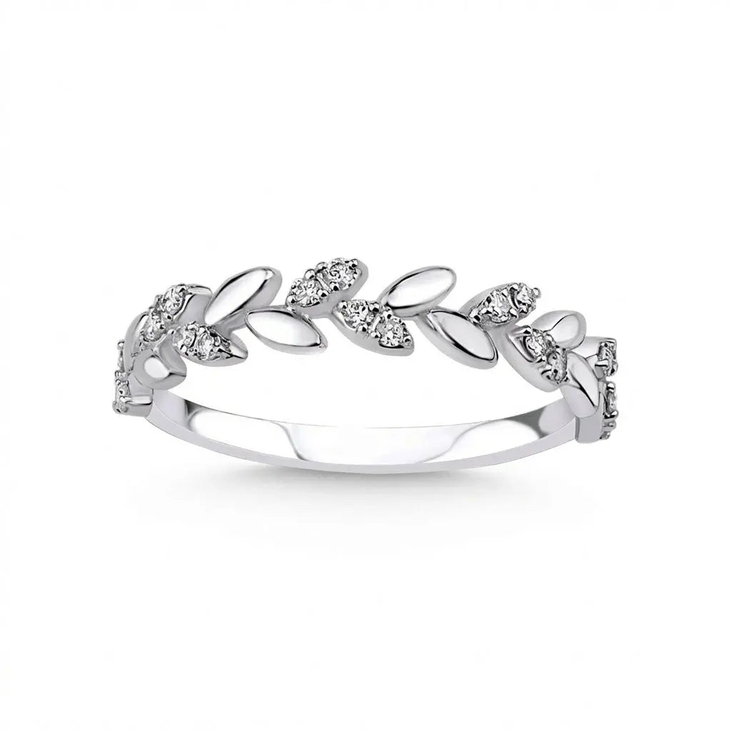 14ct/14K White Gold Natural Diamond Ring – Diamond Leaf 0.16ct Majestic Jewellery
