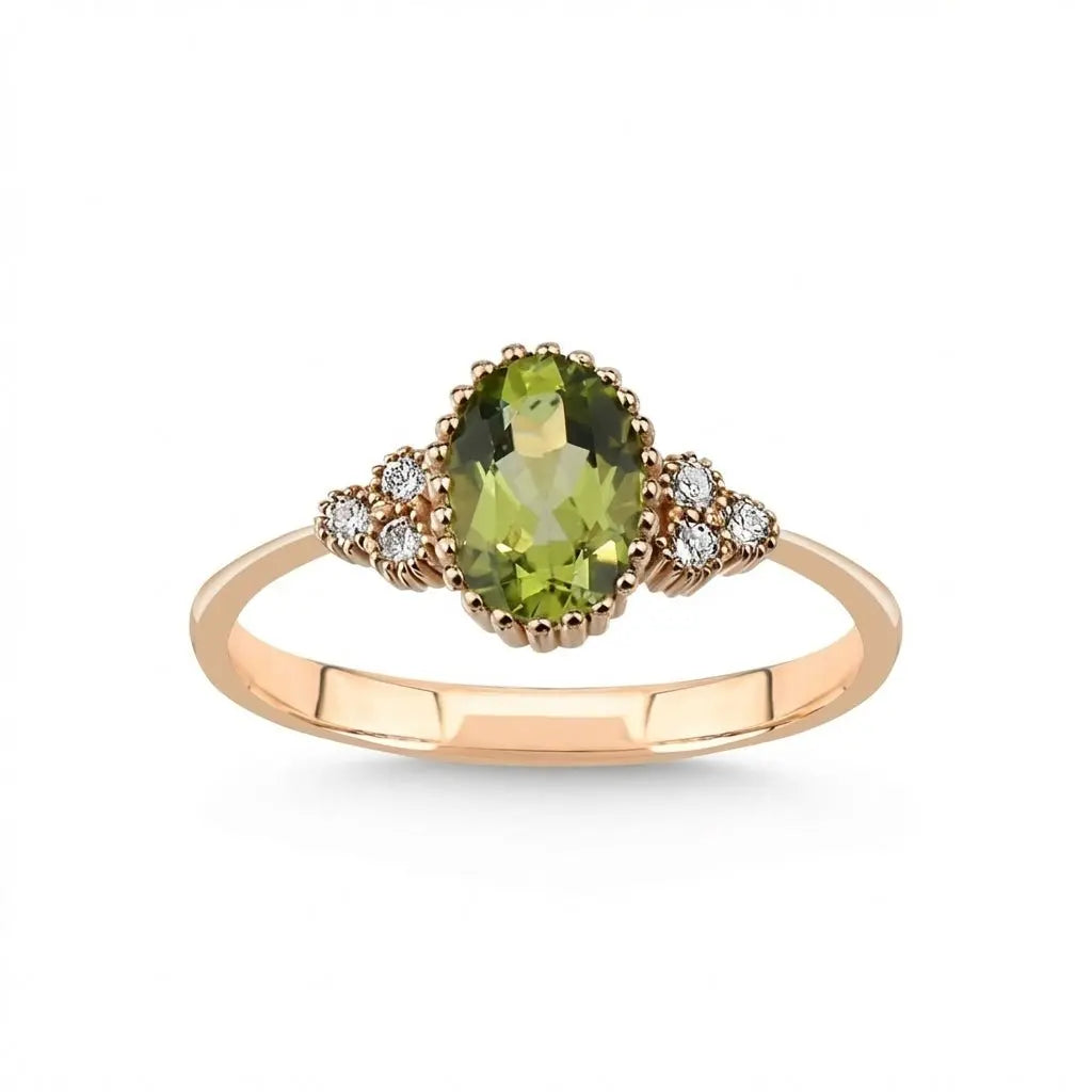 14ct rose gold ring with natural peridot and diamond accent, 0.83ct, by Majestic Jewellery
