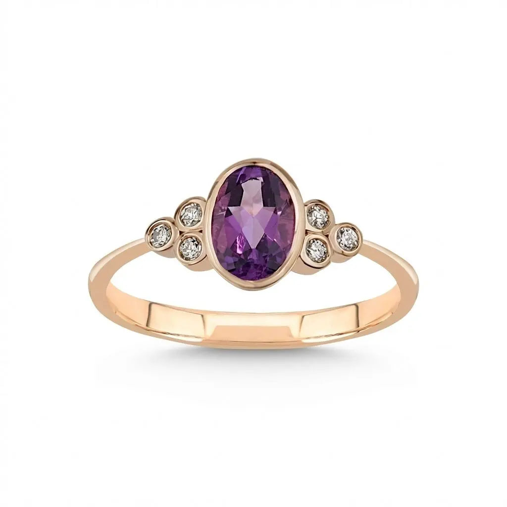 14ct rose gold ring with natural amethyst and 0.54ct diamond by Majestic Jewellery