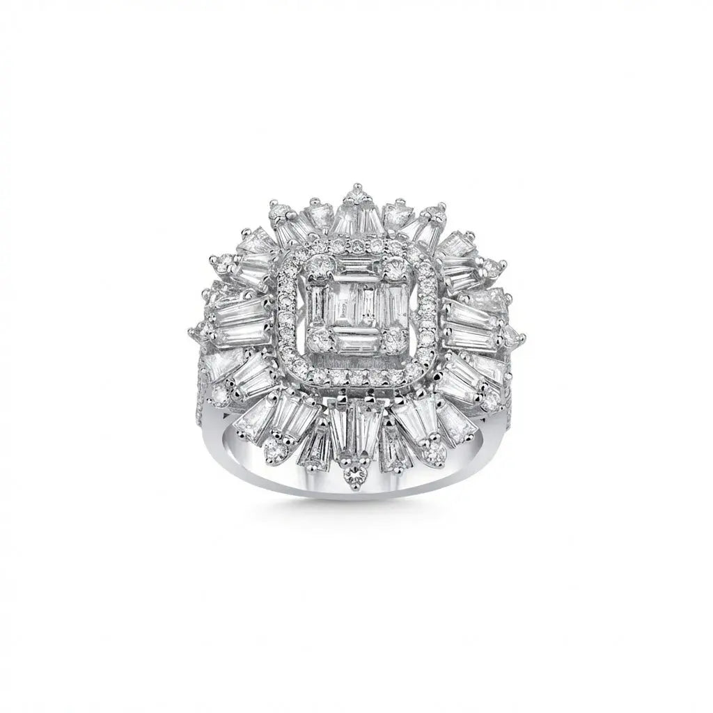 14ct/14K White Gold Natural Diamond Ring – Baguette Diamond Sunburst Statement Majestic Jewellery