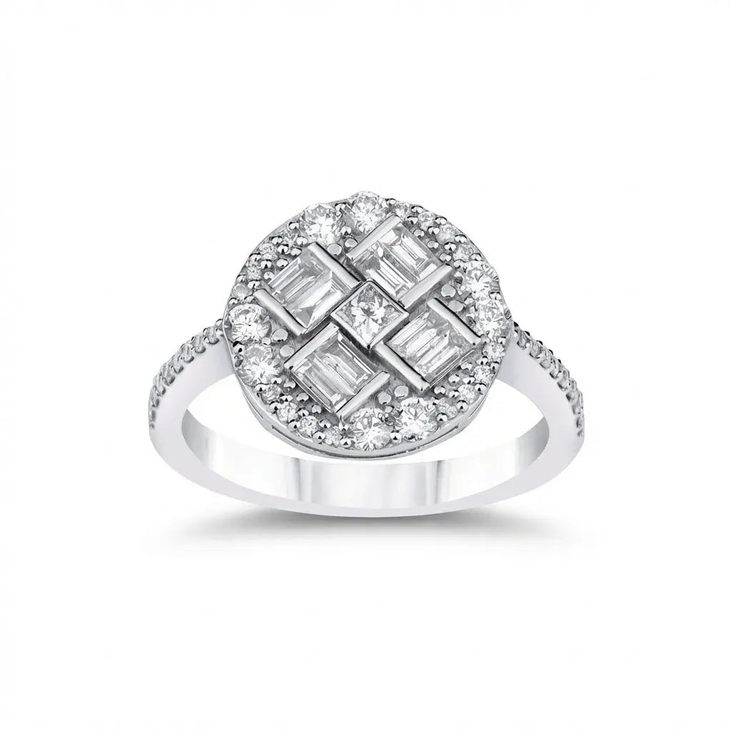 14ct/14K White Gold Natural Diamond Ring – Baguette Round Diamond Cluster 0.96ct Majestic Jewellery