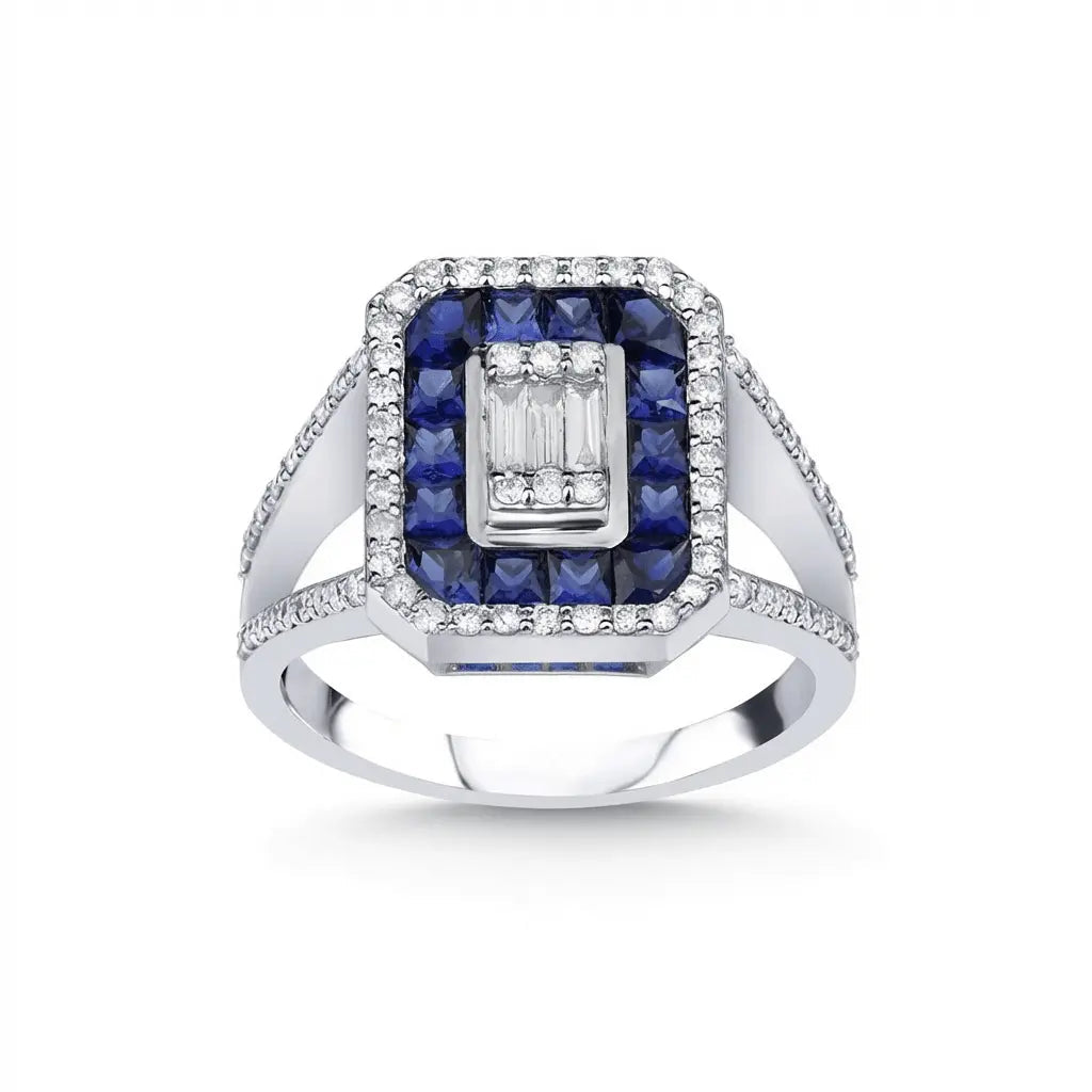 14ct/14K White Gold Natural Sapphire & Diamond Ring – Sapphire Diamond Halo 0.44ct Majestic Jewellery