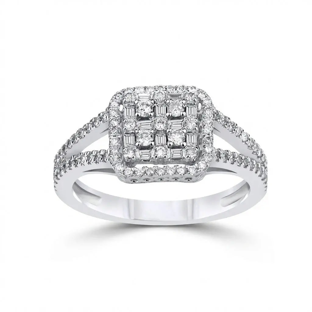 A 14ct white gold diamond cluster halo ring with a 0.95ct center stone by Majestic Jewellery.