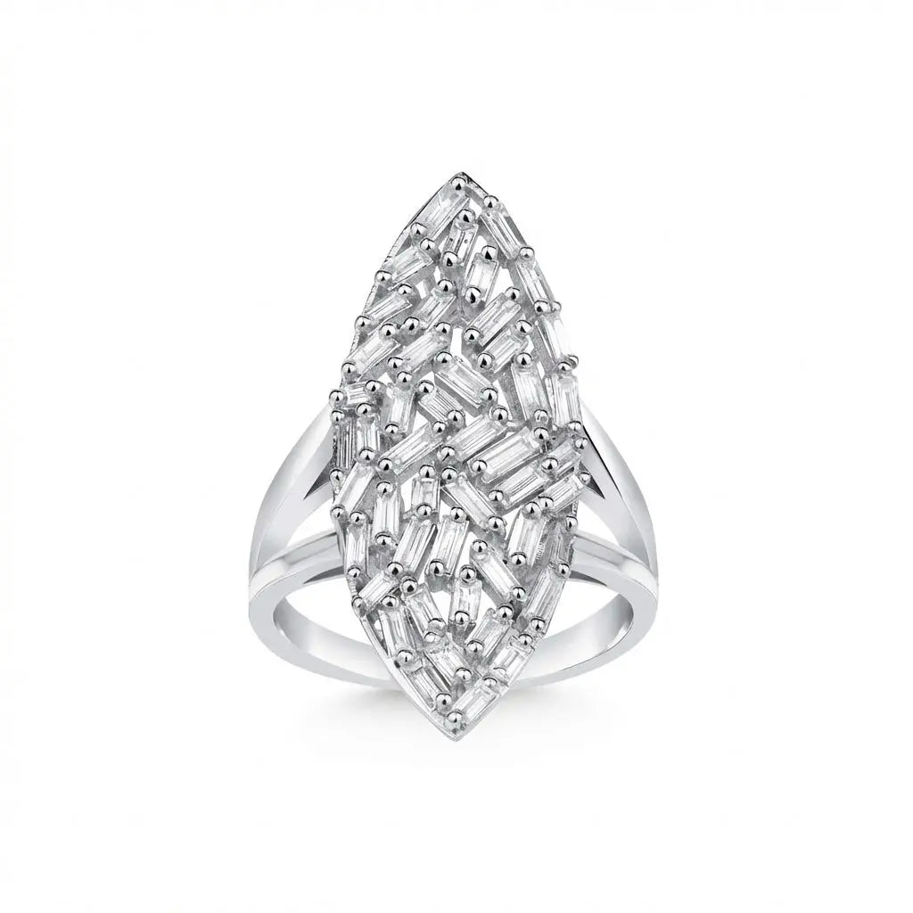 14ct white gold diamond ring with marquise and baguette cuts on a white background by Majestic Jewellery.