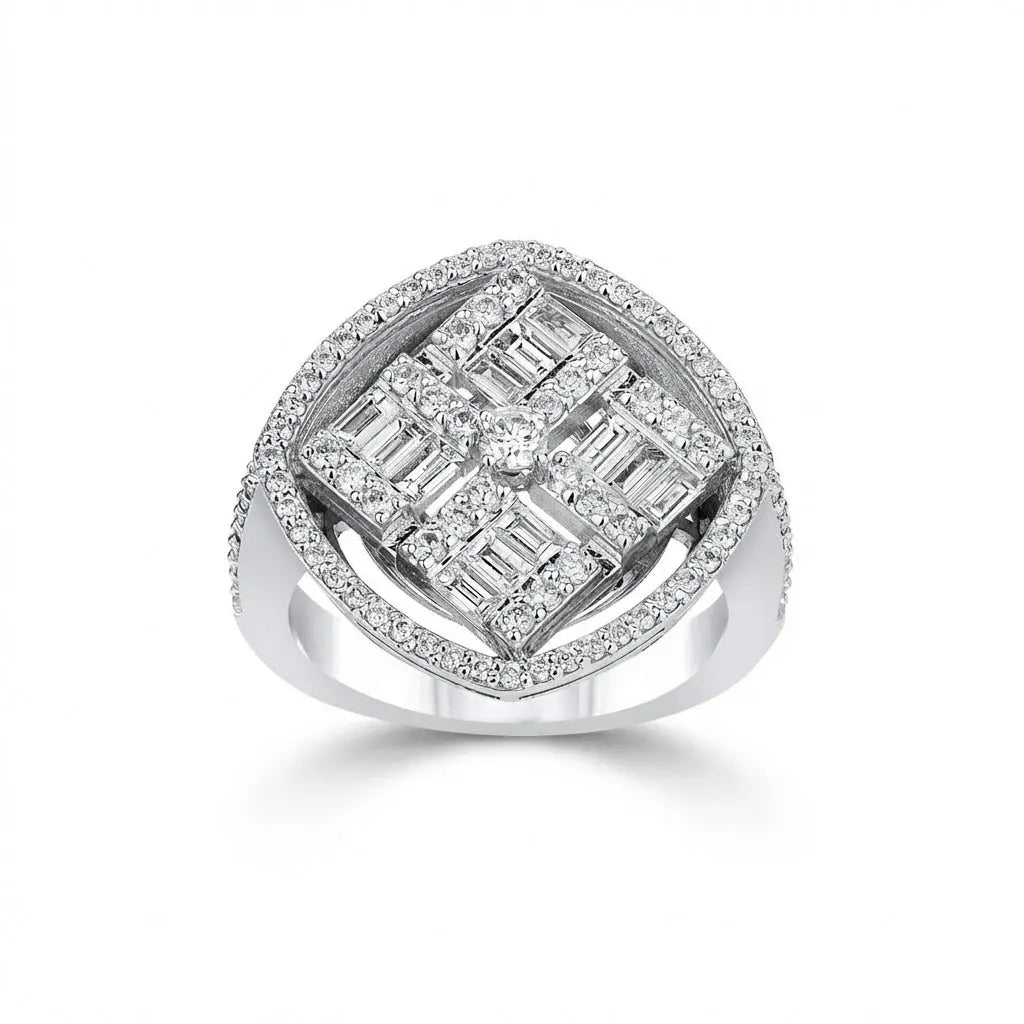 14ct/14K White Gold Natural Diamond Ring – Square Halo Cluster 1.28ct Majestic Jewellery