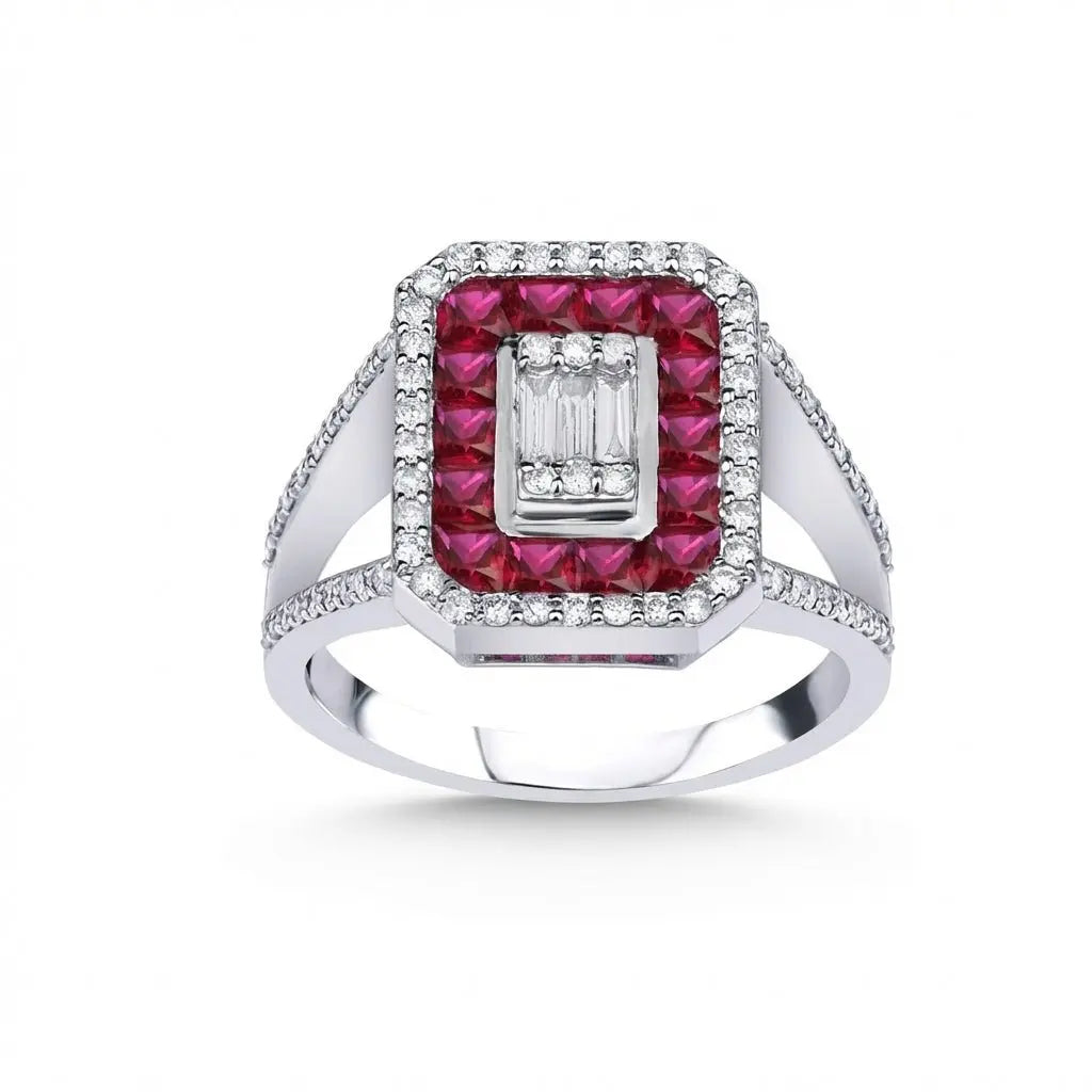 14ct white gold ruby halo diamond ring with a 1.47ct baguette center stone by Majestic Jewellery