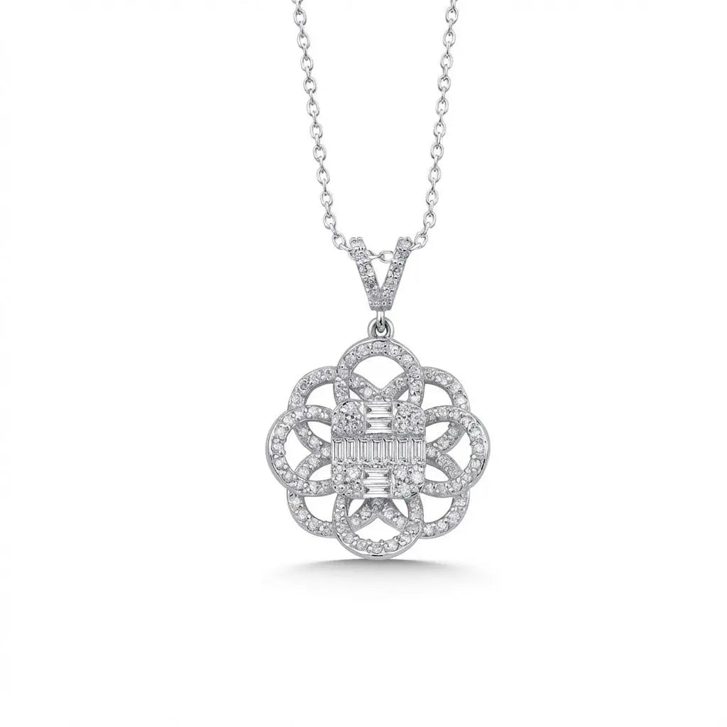 14ct/14K White Gold Natural Diamond Pendant – Floral Diamond with Baguette Center 0.61ct Majestic Jewellery