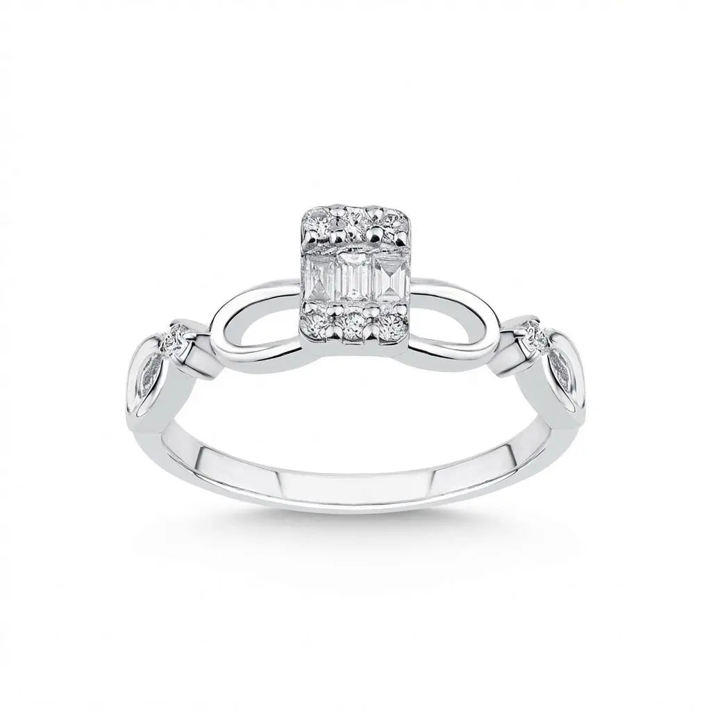 14ct/14K White Gold Natural Diamond Ring – Infinity Diamond with Baguette Center 0.1ct Majestic Jewellery