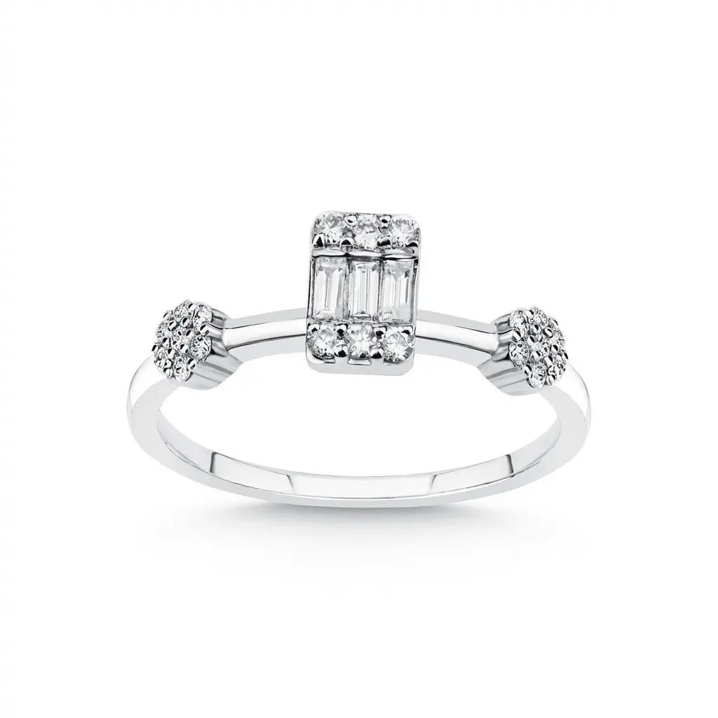 14ct/14K White Gold Natural Diamond Engagement Ring – Baguette Center Diamond with Cluster Accents Majestic Jewellery