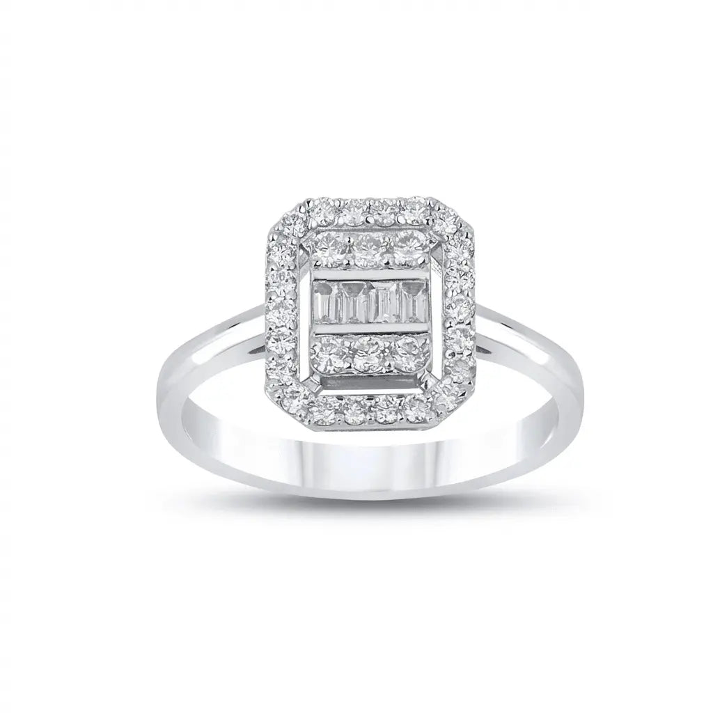 14ct white gold ring with baguette halo diamond 0.57ct by Majestic Jewellery