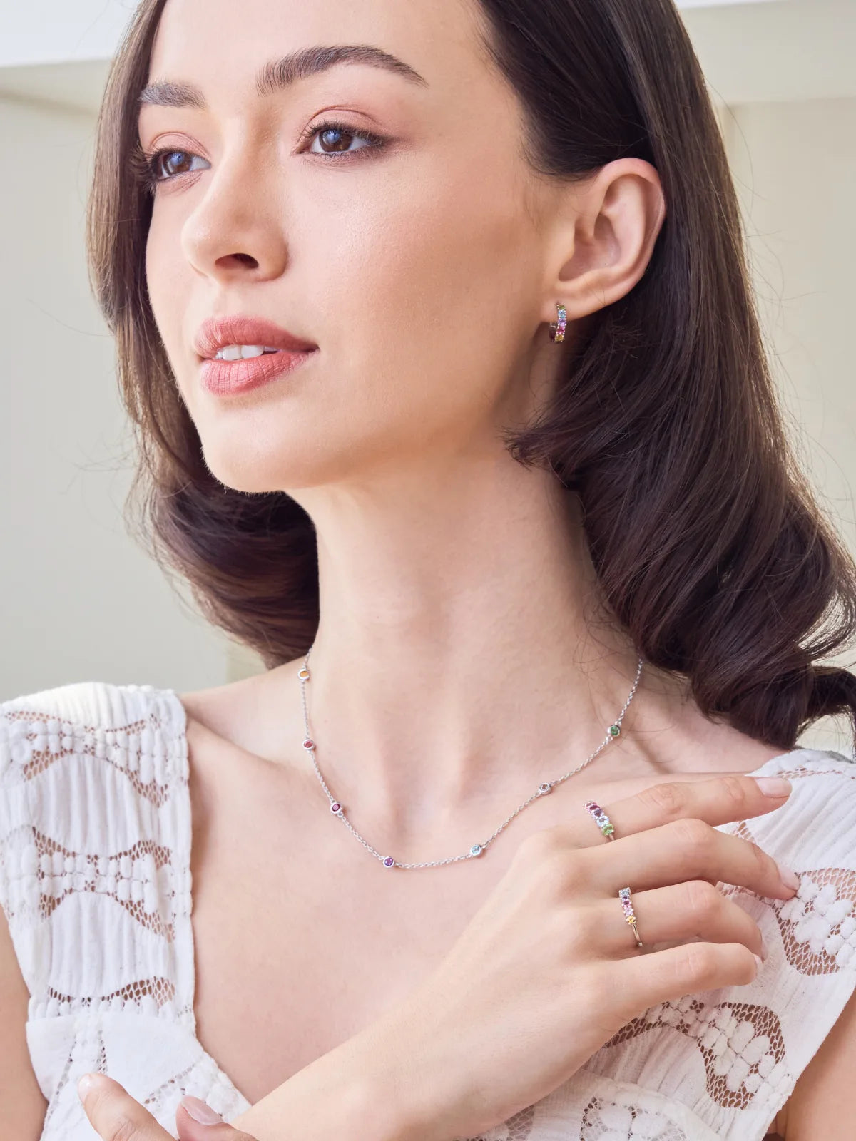 Rainbow Gemstone Necklace in Sterling Silver - SJR London Timepiece