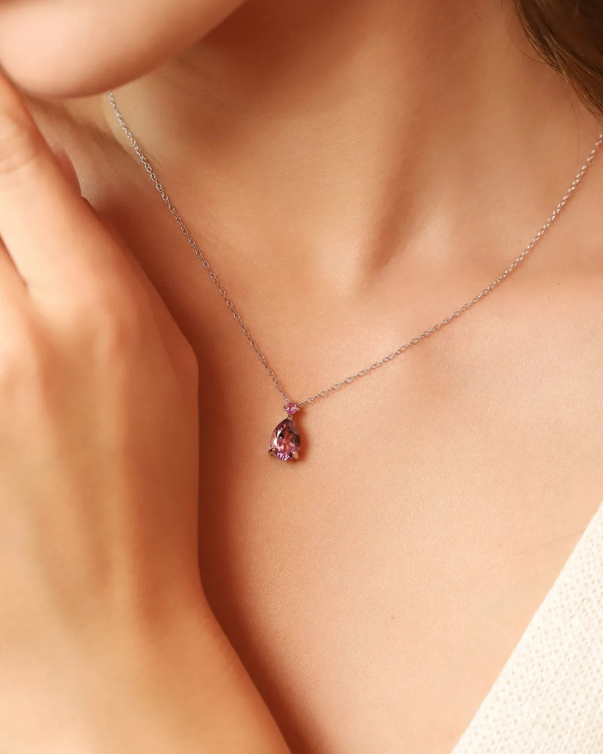 Pink Ruby & Amethyst Pear Cut Pendant Necklace in Sterling Silver - SJR London Timepiece
