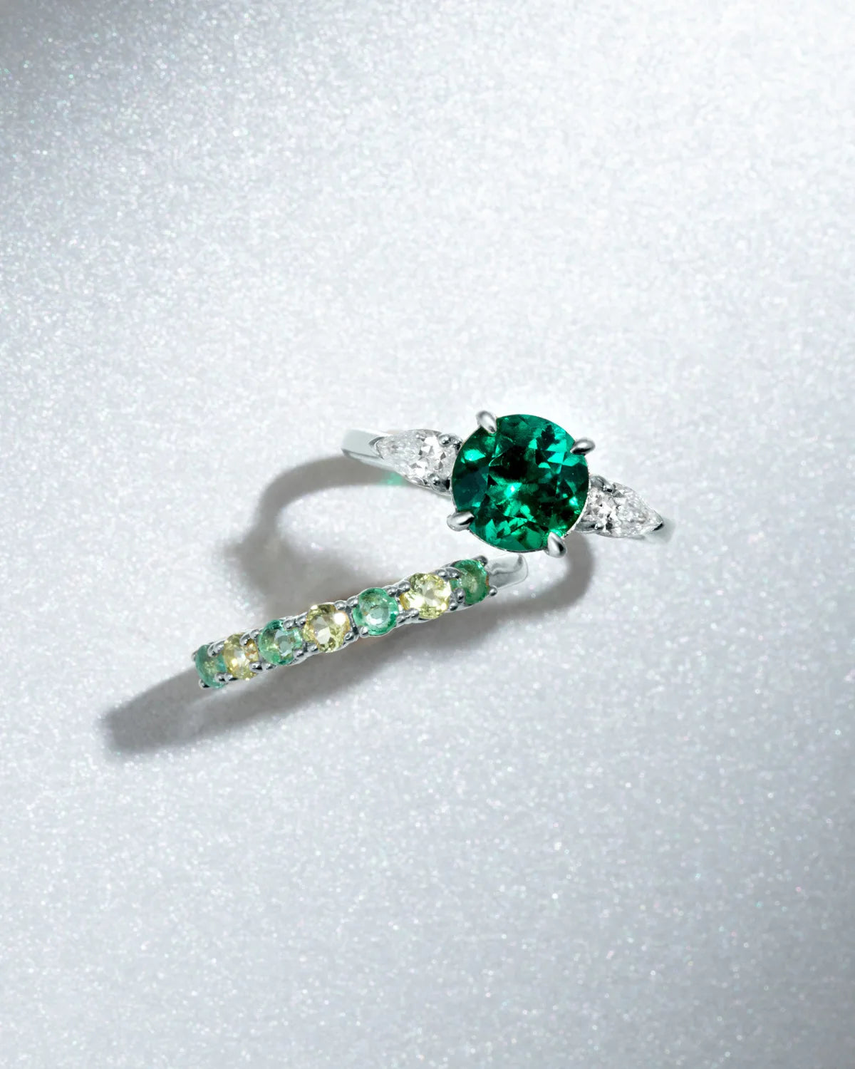 Emerald Round Cut Three Stone Engagement Ring in Sterling Silver - SJR London Timepiece