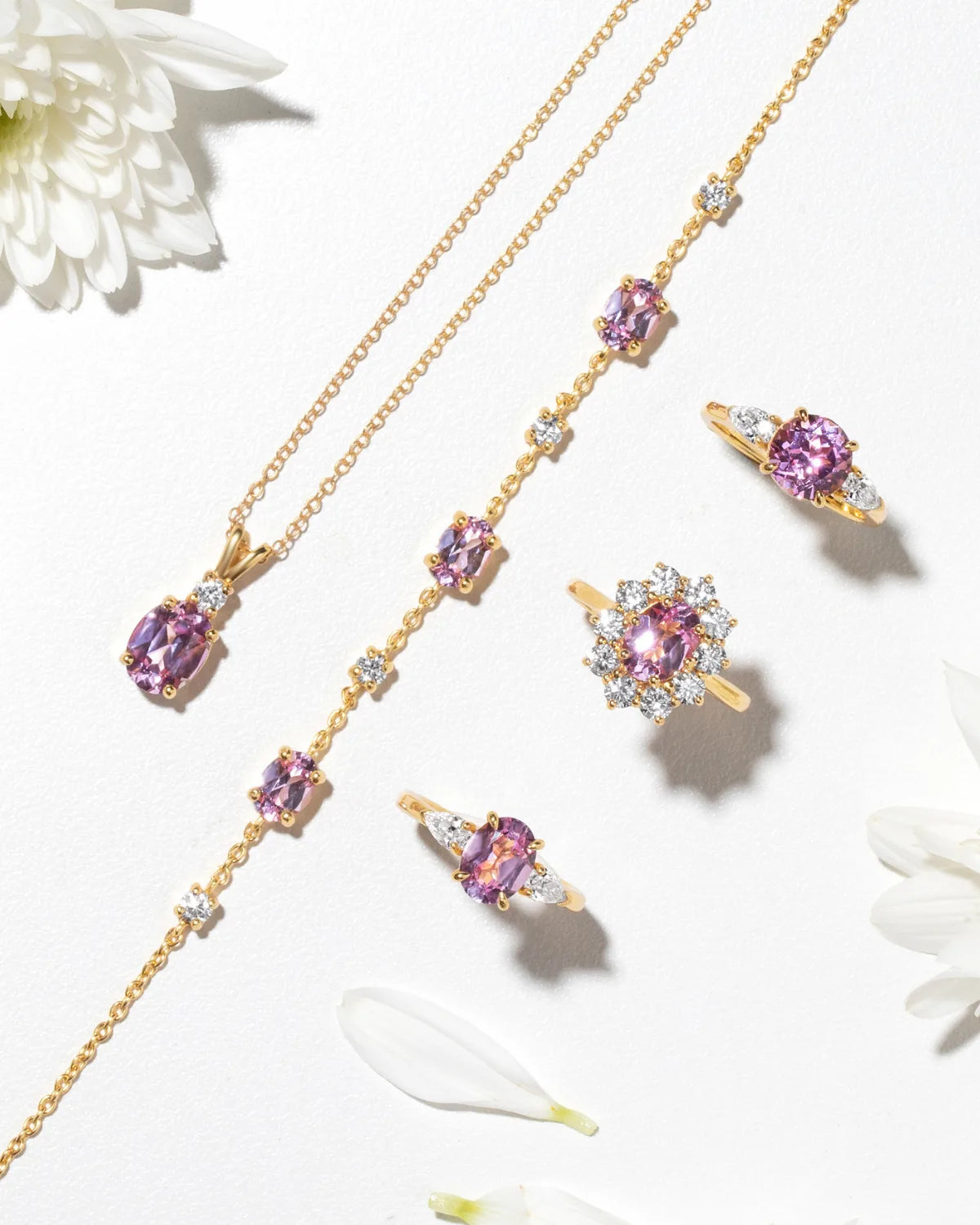 Pink Sapphire Round Cut Three Stone Engagement Ring in 18k Gold Vermeil - SJR London Timepiece