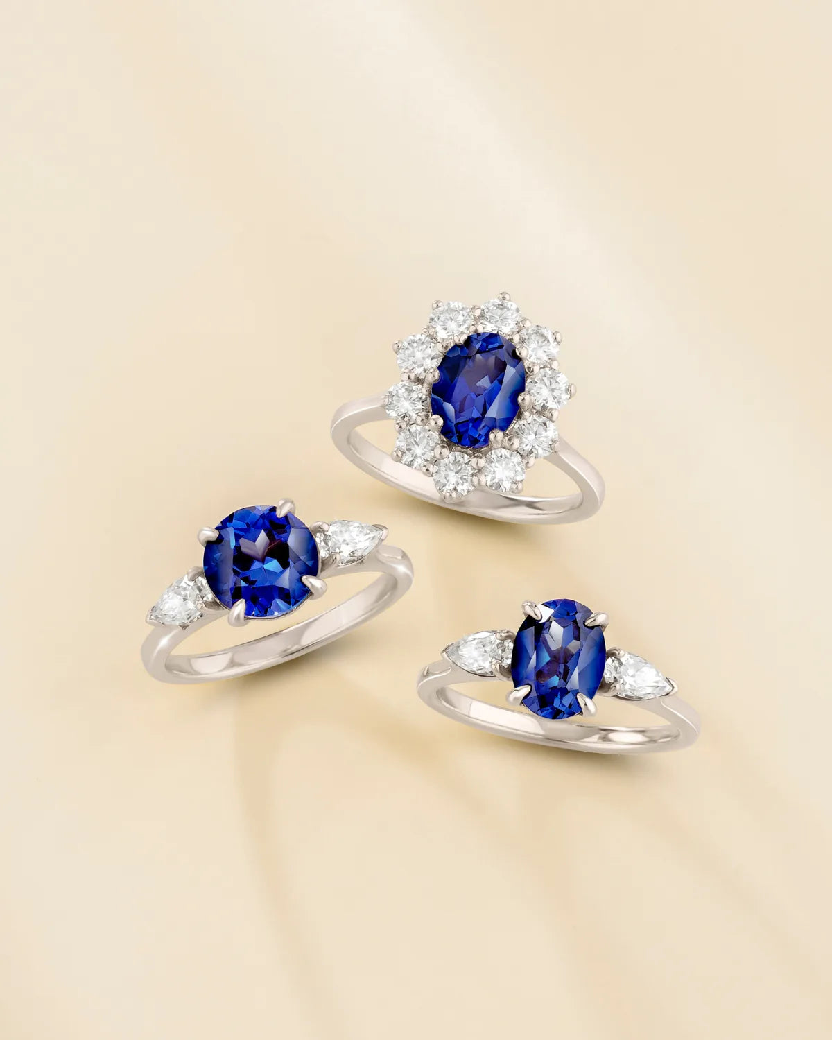 Blue Sapphire Oval Cut Three Stone Engagement Ring in Sterling Silver - SJR London Timepiece