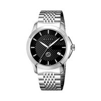 Black leather watch with gold details and a minimalist dial, worn on a wrist.