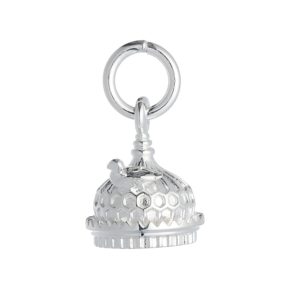 Silver charm shaped like the Brighton Pavilion, detailed and polished, displayed on a white background by Scarlett Jewellery.
