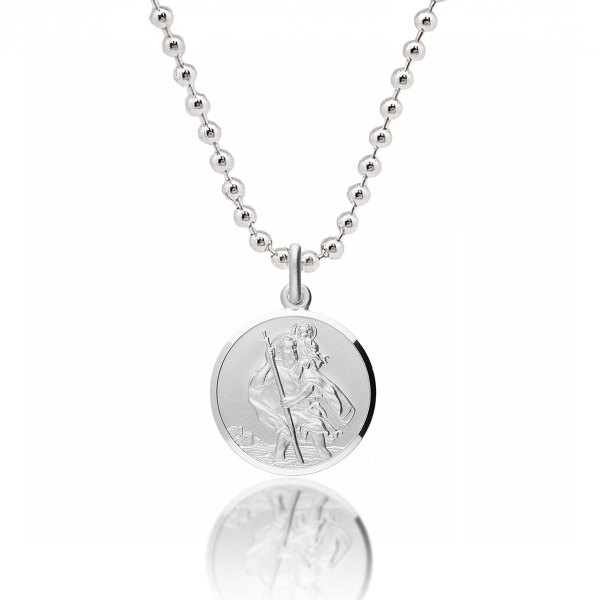 A sterling silver St Christopher pendant hangs on a chain, featuring a detailed 18mm design by Scarlett Jewellery.