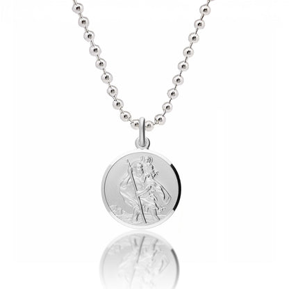 A sterling silver St Christopher pendant hangs on a chain, featuring a detailed 18mm design by Scarlett Jewellery.