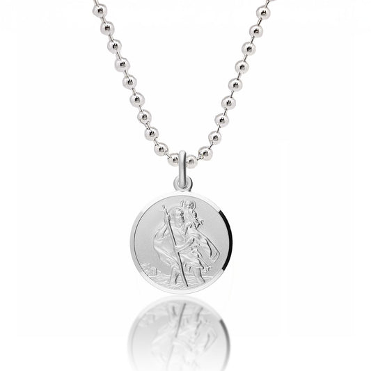 A sterling silver St Christopher pendant hangs on a chain, featuring a detailed 18mm design by Scarlett Jewellery.