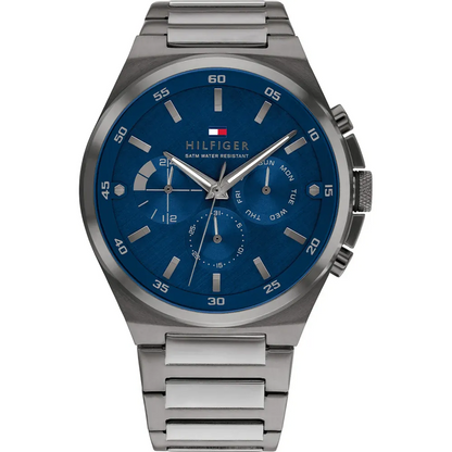 Tommy Hilfiger men's watch with gunmetal steel case and black dial, viewed from the front.