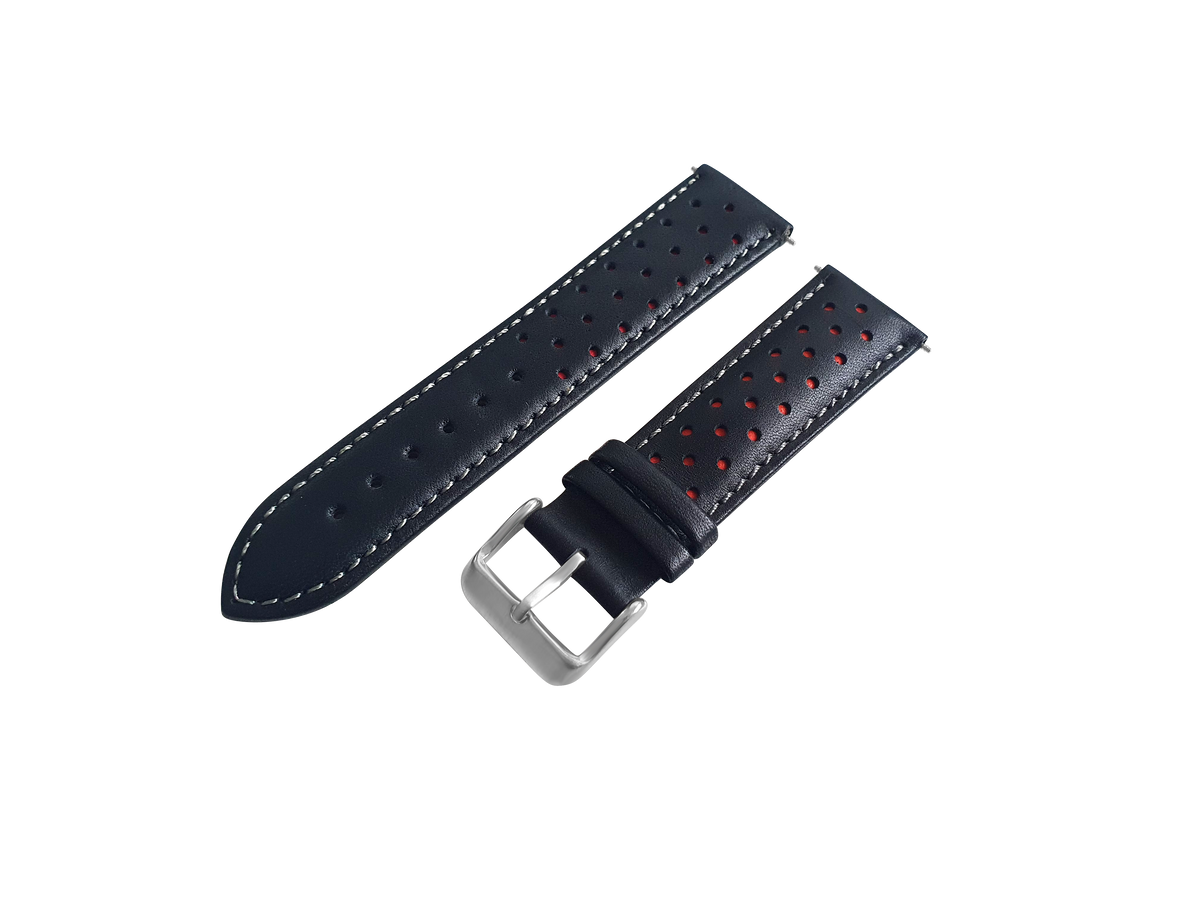 Black And Red Leather Rally Watch Strap, Silver Buckle - SJR London Timepiece