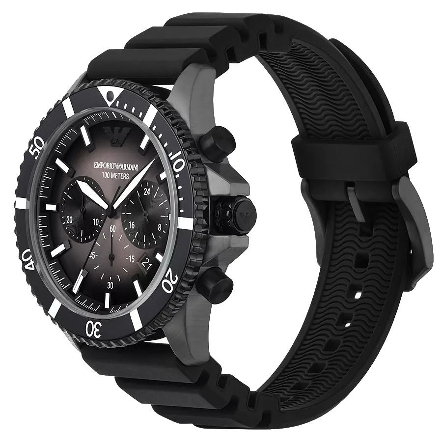 Black and silver diver watch with a sleek design and luminescent hands, featuring the Emporio Armani logo on the dial.