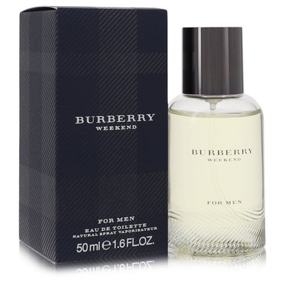 Burberry Weekend Eau De Toilette Spray for Men in silver and black bottle with minimalist design by The Fragrance Avenue
