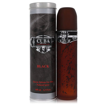 Black eau de toilette spray in a sleek bottle with gold accents, displayed on a wooden surface by The Fragrance Avenue.