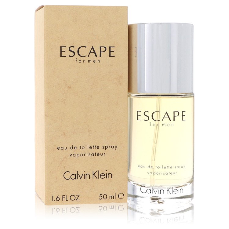 Blue glass bottle of Calvin Klein Escape Eau De Toilette Spray for Men 3.4 oz / 100 ml on white background by The Fragrance A