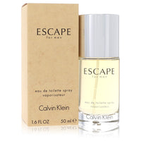 Blue glass bottle of Calvin Klein Escape Eau De Toilette Spray for Men 3.4 oz / 100 ml on white background by The Fragrance A