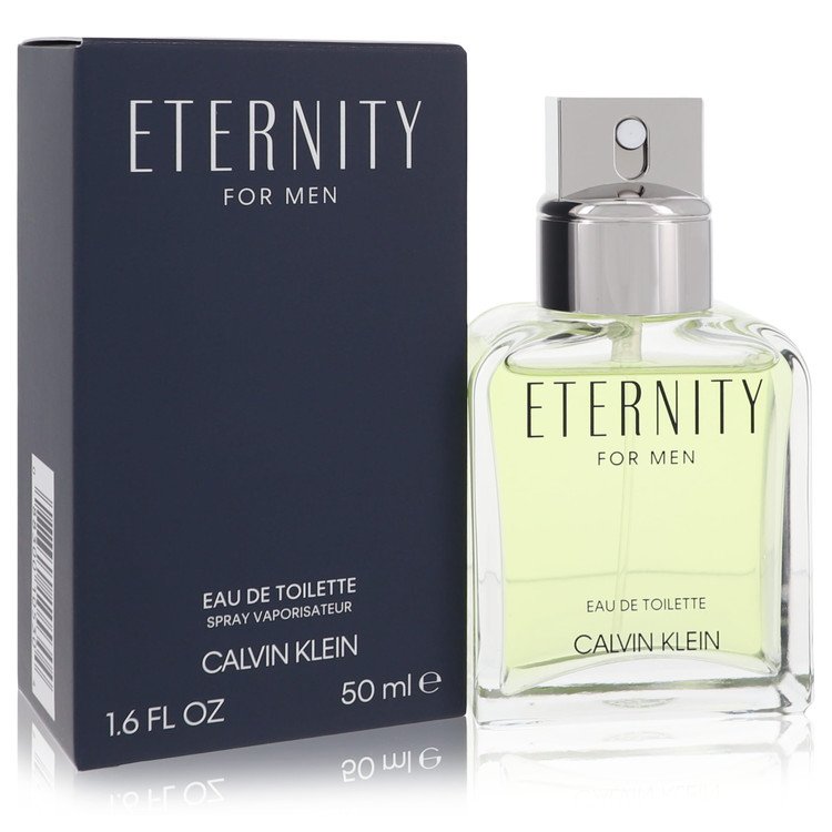 Blue glass bottle of Calvin Klein Eternity Eau De Toilette Spray for Men 3.4 oz / 100 ml on a white background by The Fragran