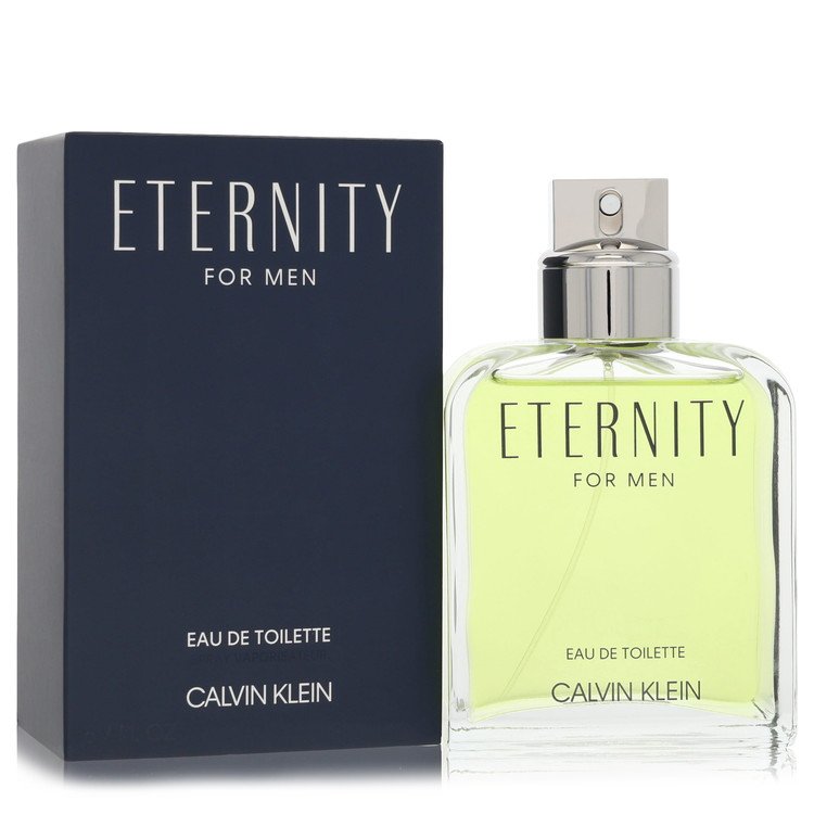 Blue glass bottle of Calvin Klein Eternity Eau De Toilette Spray for Men 3.4 oz / 100 ml on a white background by The Fragran