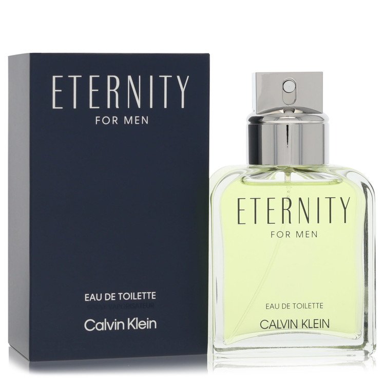 Blue glass bottle of Calvin Klein Eternity Eau De Toilette Spray for Men 3.4 oz / 100 ml on a white background by The Fragran