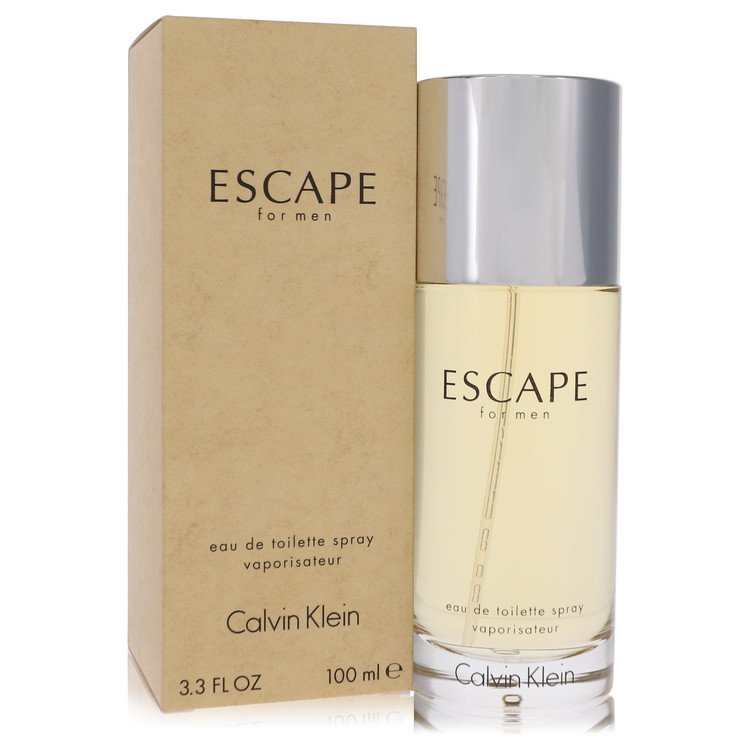 Blue glass bottle of Calvin Klein Escape Eau De Toilette Spray for Men 3.4 oz / 100 ml displayed on a wooden surface by The F