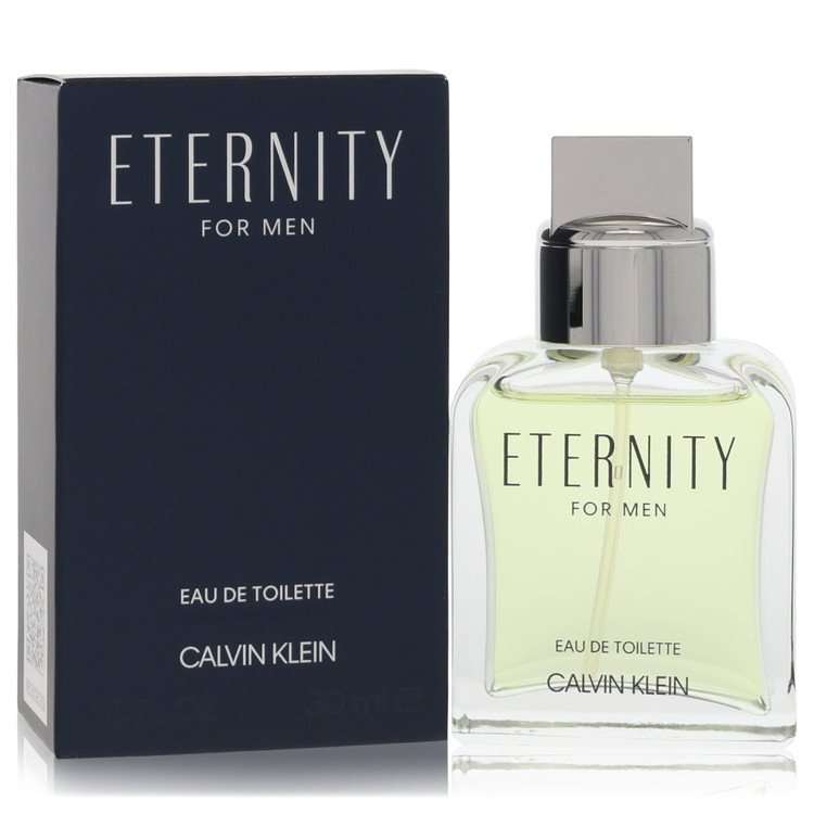Blue glass bottle of Calvin Klein Eternity Eau De Toilette Spray for Men 3.4 oz / 100 ml on a white background by The Fragran