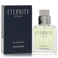 Blue glass bottle of Calvin Klein Eternity Eau De Toilette Spray for Men 3.4 oz / 100 ml on a white background by The Fragran