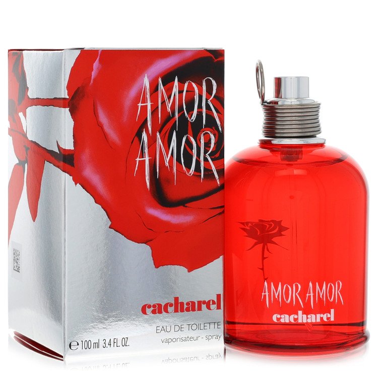 Blue glass bottle of Cacharel Amor Amor Eau De Toilette Spray for Women, 1.7 oz / 50 ml, standing on a white surface by The F