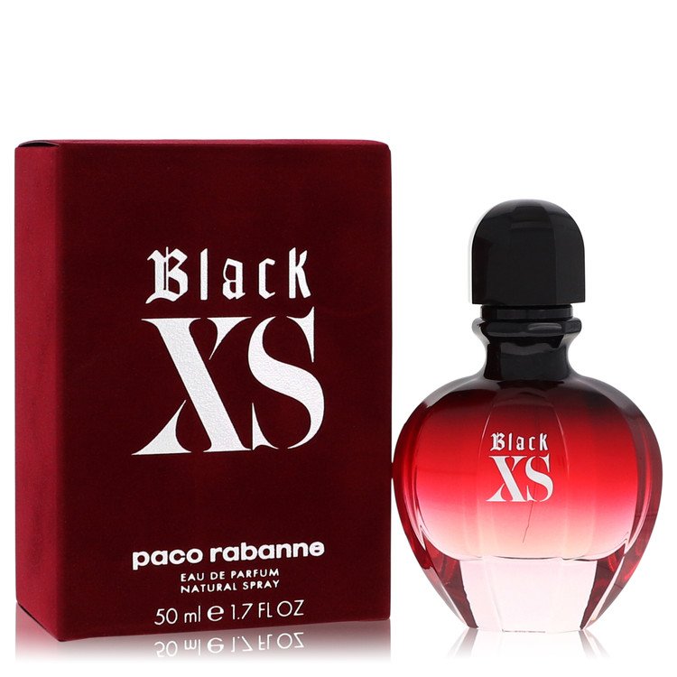 Black XS eau de parfum spray in sleek black bottle with gold accents, 1.7 oz by Paco Rabanne.