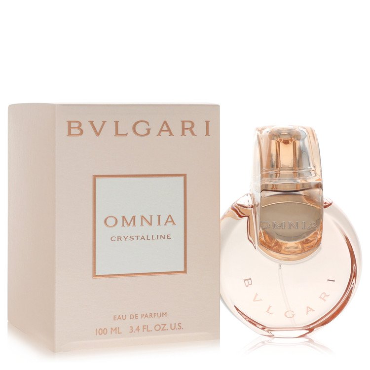 Bvlgari Omnia Crystalline eau de parfum spray in clear glass bottle with gold cap, displayed on a white background by The Fra