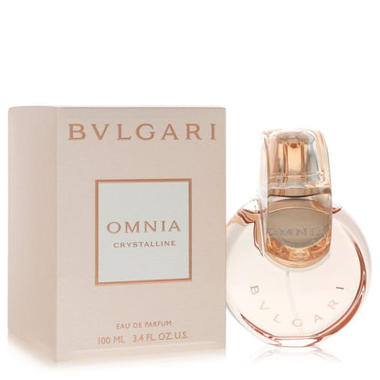 Bvlgari Omnia Crystalline eau de parfum spray in clear glass bottle with gold cap, displayed on a white background by The Fra