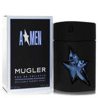 Black rubber flask with silver cap containing clear liquid, labeled "Angel" by Thierry Mugler, refillable eau de toilette spr