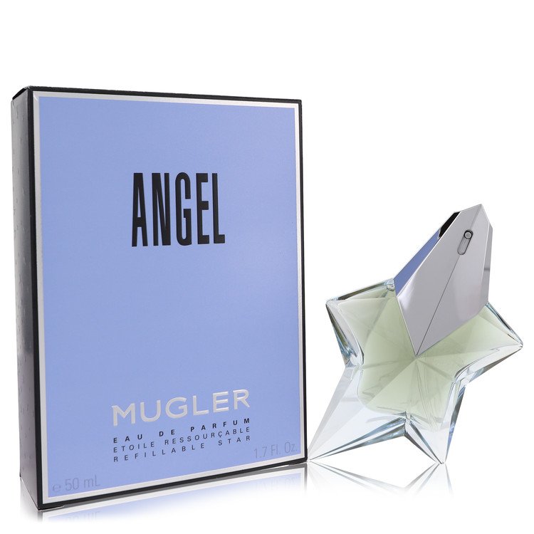 Gold bottle of Thierry Mugler Angel Eau de Parfum Spray Refillable for Women 1.7 oz/50 ml resting on a white surface by The F