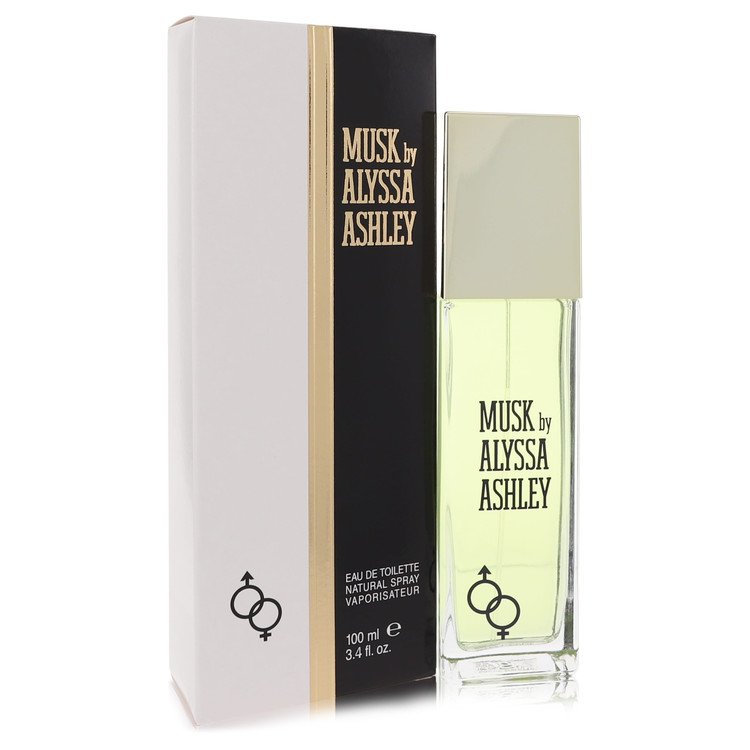 A white bottle of Alyssa Ashley Musk Eau De Toilette Spray for Women on a wooden table, 3.4 oz / 100 ml by The Fragrance Aven